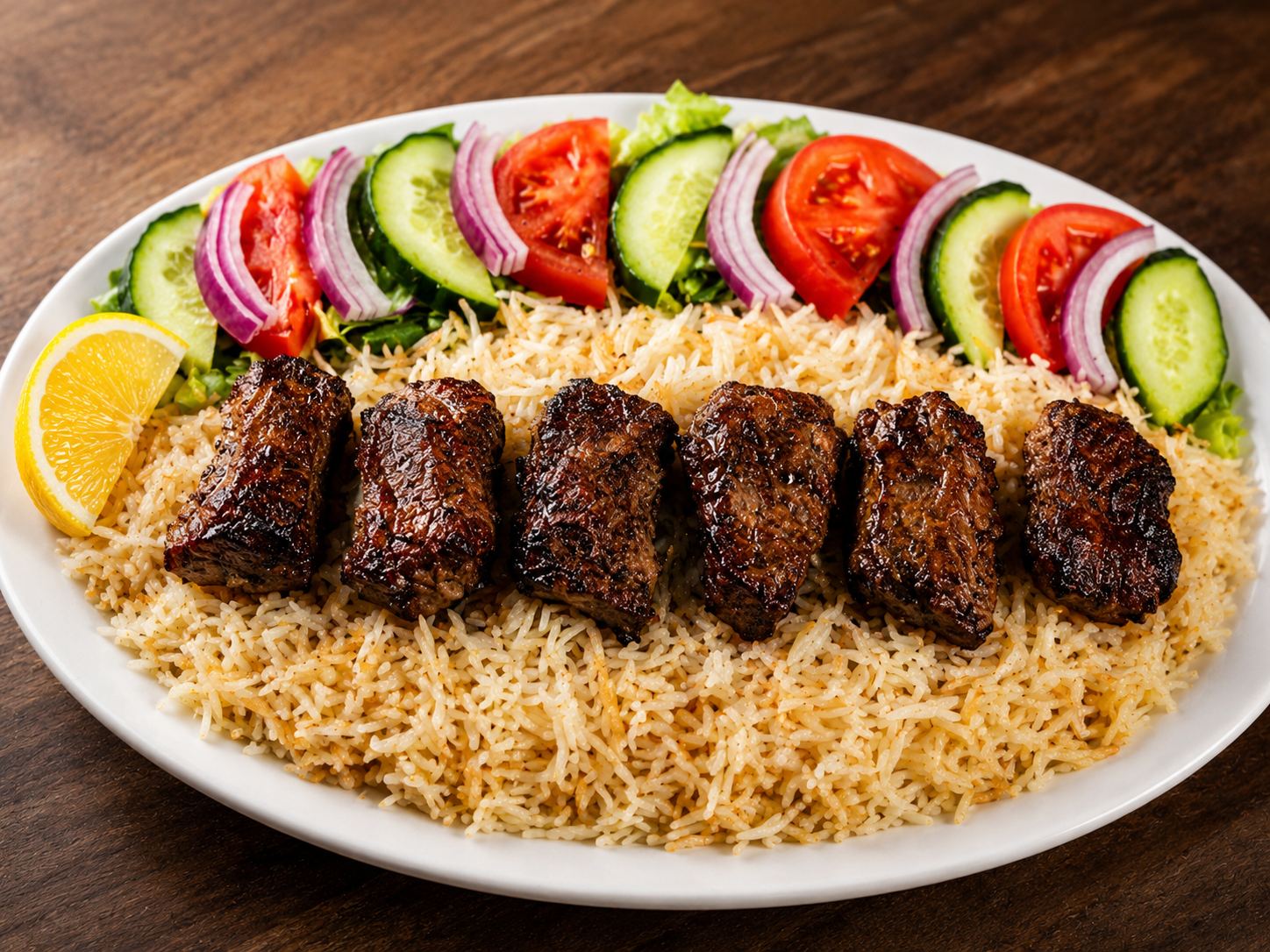 Beef tikka kabob platter with rice, tomato and cucumber